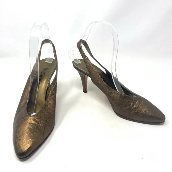Yves Saint Laurent YSL Crocodile Slingback Heel Bronze Gold Size US 8.5 - Picture 5 of 12